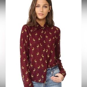 Alice + Olivia Willa Bird Pelican Paradise Crane Print Button Down Silk Shirt